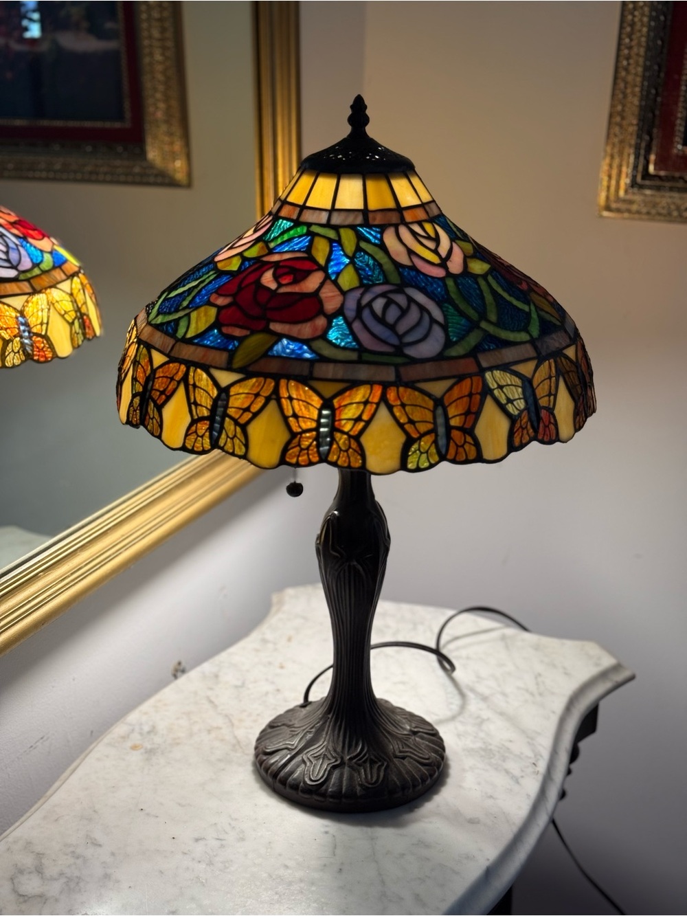 Stained Glass Tiffany-Style Table Lamp - Multicolor Floral & Butterfly Shade